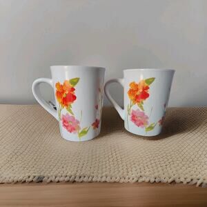 Pair Of Royal Norfolk Floral Coffee Cups Pink Orange Greens Poppies Tea Cocoa